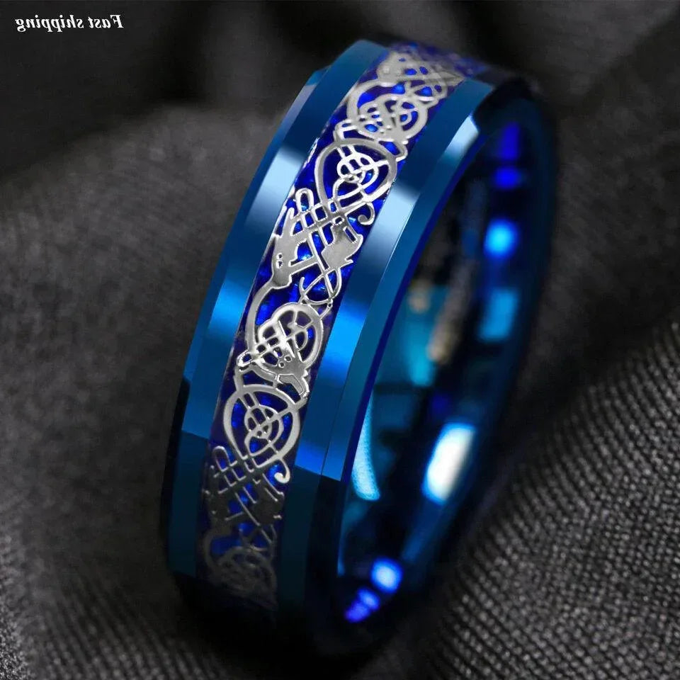 Men's Tungsten Carbide Wedding Band Ring - Blue Celtic Dragon Carbon Fiber - Wedding Rings for Men and Women - Jewelry Store by Erik Rayo