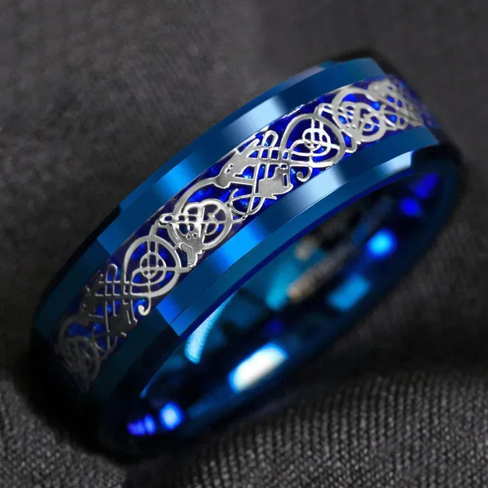 Men's Tungsten Carbide Wedding Band Ring - Blue Celtic Dragon Carbon Fiber - Wedding Rings for Men and Women - Jewelry Store by Erik Rayo