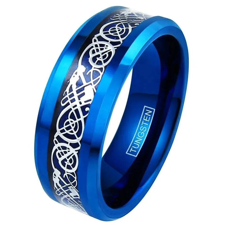 Men's Tungsten Carbide Wedding Band Ring - Blue Celtic Dragon Carbon Fiber - Wedding Rings for Men and Women - Jewelry Store by Erik Rayo