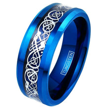 Load image into Gallery viewer, Men&#39;s Wedding Band Ring - Blue Celtic Dragon Carbon Fiber - Wedding Rings for Men and Women
