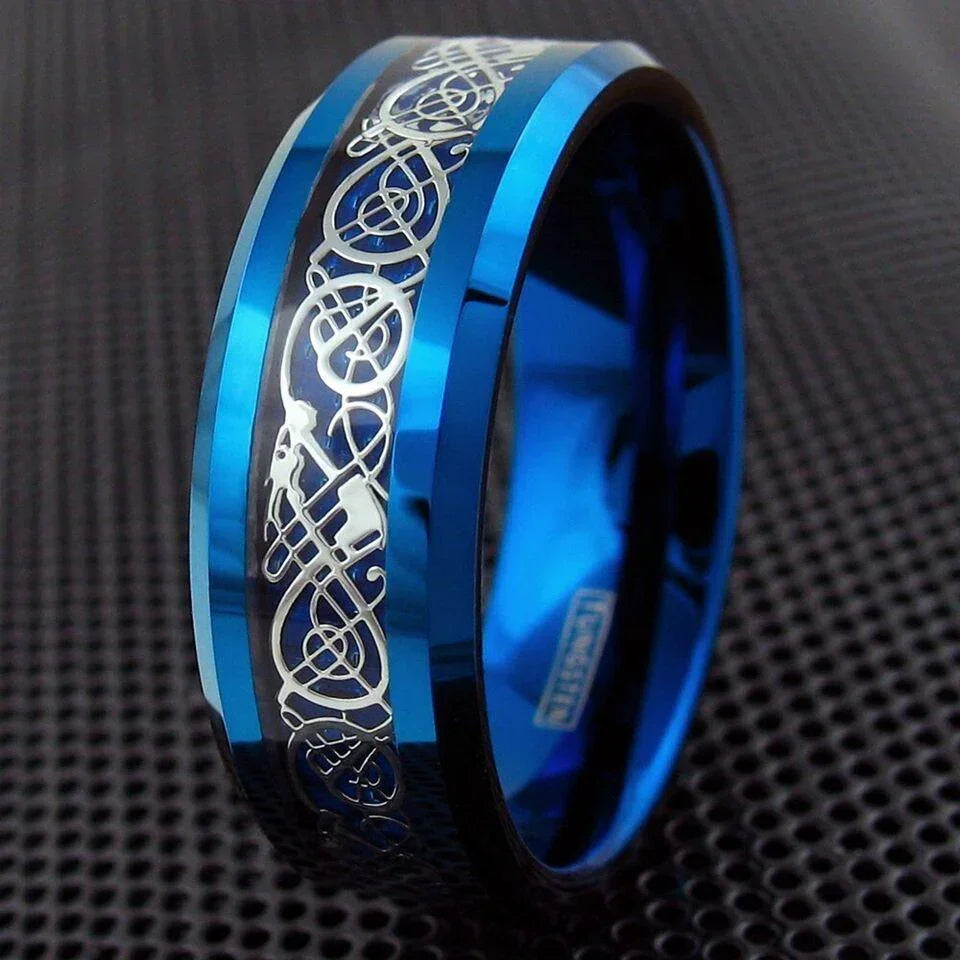 Men's Tungsten Carbide Wedding Band Ring - Blue Celtic Dragon Carbon Fiber - Wedding Rings for Men and Women - Jewelry Store by Erik Rayo