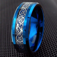 Load image into Gallery viewer, Men&#39;s Wedding Band Ring - Blue Celtic Dragon Carbon Fiber - Wedding Rings for Men and Women
