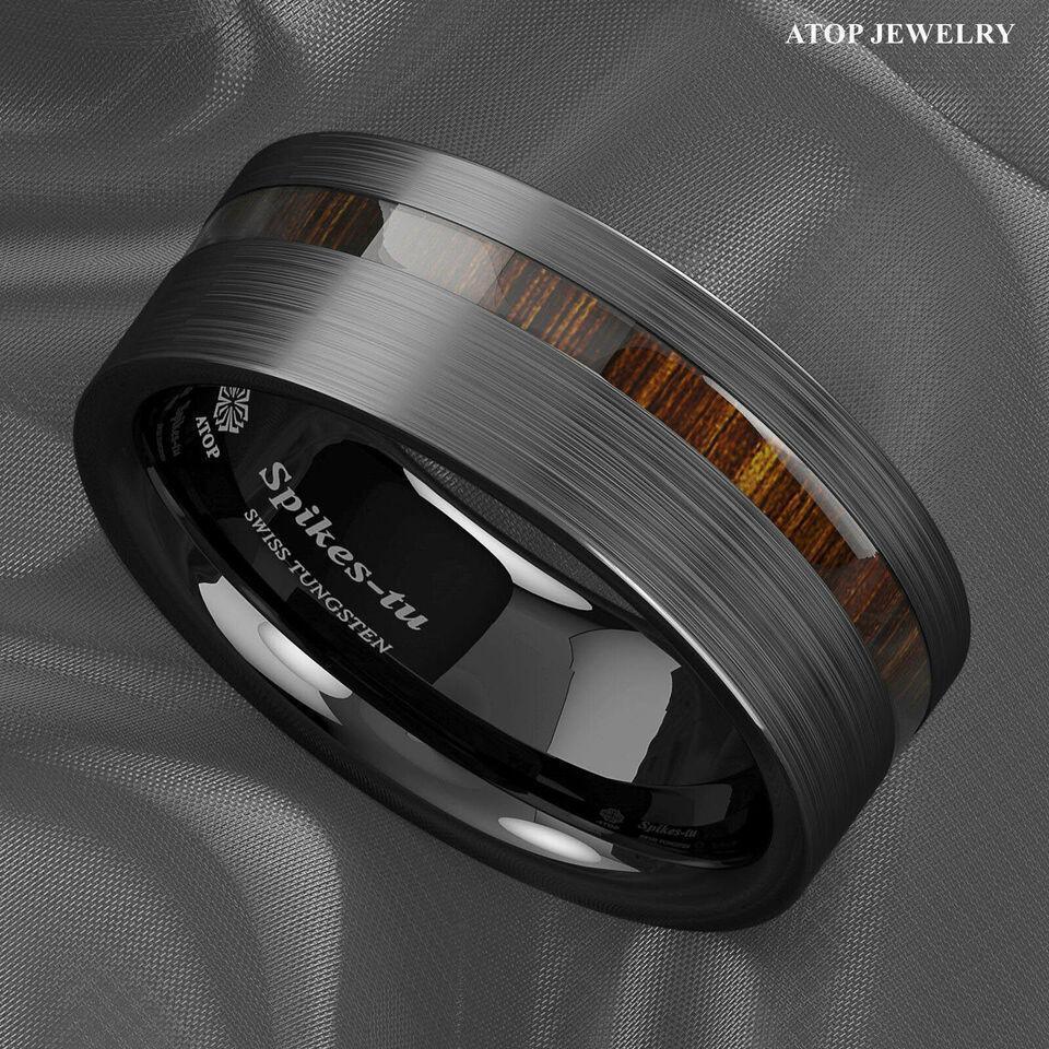 Men's Tungsten Carbide Wedding Band - Black Brushed Off Center Koa Wood Ring for Men and Women - Jewelry Store by Erik Rayo