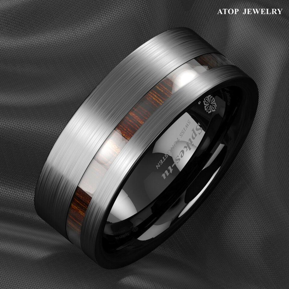 Men's Tungsten Carbide Wedding Band - Black Brushed Off Center Koa Wood Ring for Men and Women - Jewelry Store by Erik Rayo