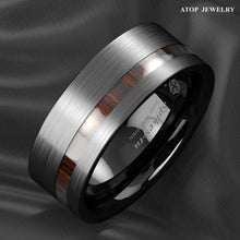 Load image into Gallery viewer, Men&#39;s Wedding Band - Black Brushed Off Center Koa Wood Ring for Men and Women
