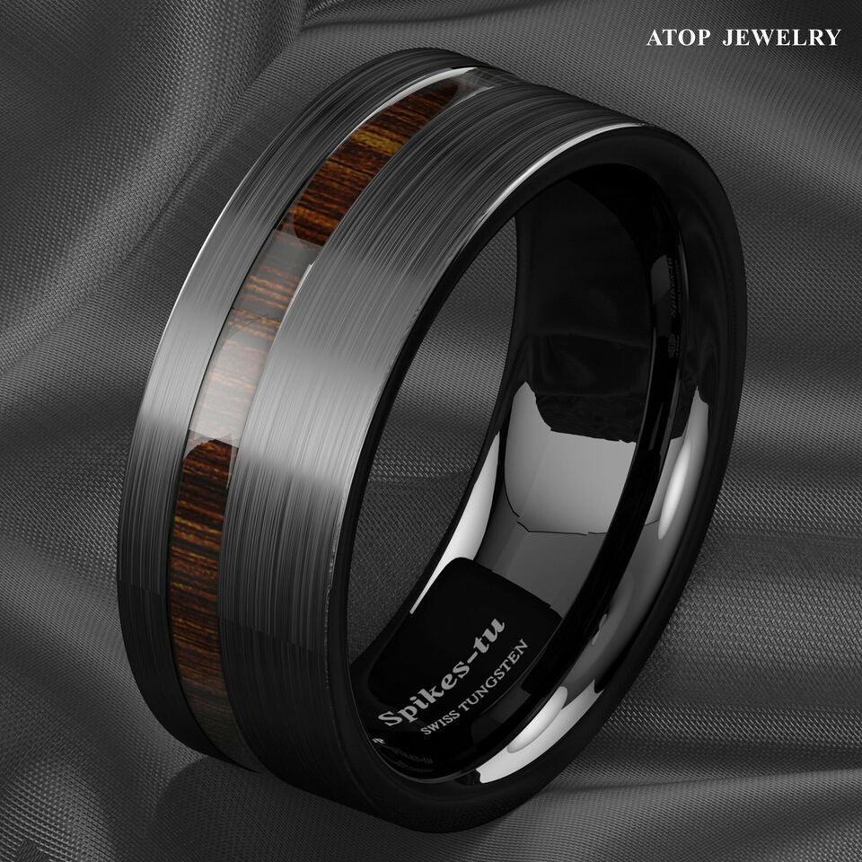 Men's Tungsten Carbide Wedding Band - Black Brushed Off Center Koa Wood Ring for Men and Women - Jewelry Store by Erik Rayo