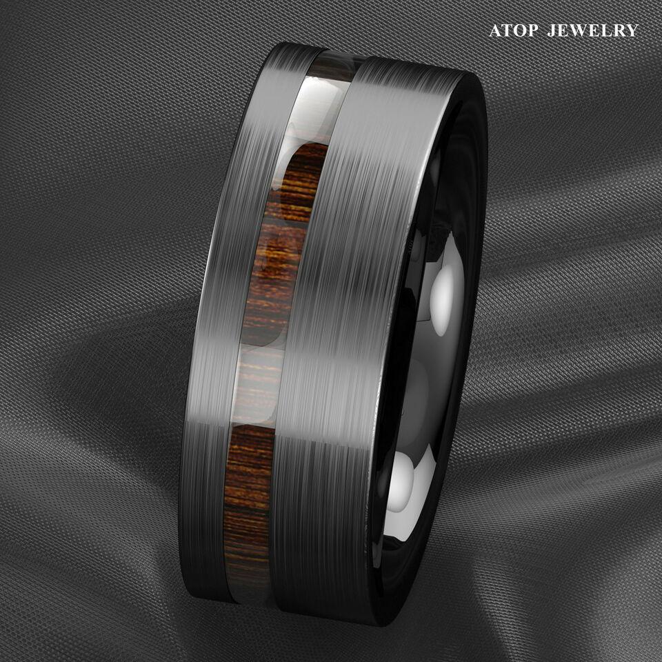 Men's Tungsten Carbide Wedding Band - Black Brushed Off Center Koa Wood Ring for Men and Women - Jewelry Store by Erik Rayo