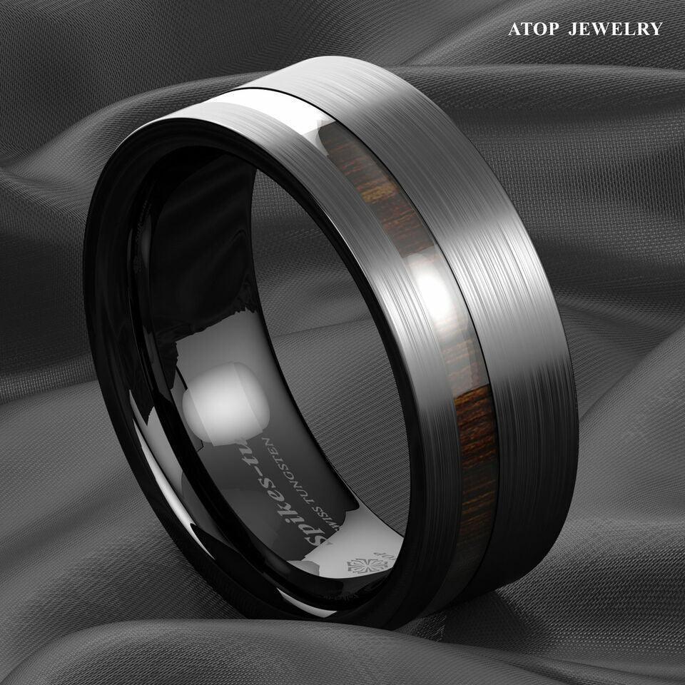 Men's Tungsten Carbide Wedding Band - Black Brushed Off Center Koa Wood Ring for Men and Women - Jewelry Store by Erik Rayo