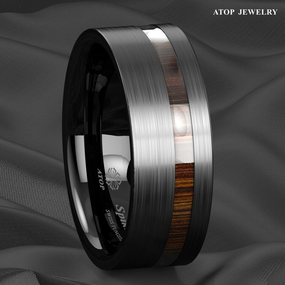 Men's Tungsten Carbide Wedding Band - Black Brushed Off Center Koa Wood Ring for Men and Women - Jewelry Store by Erik Rayo