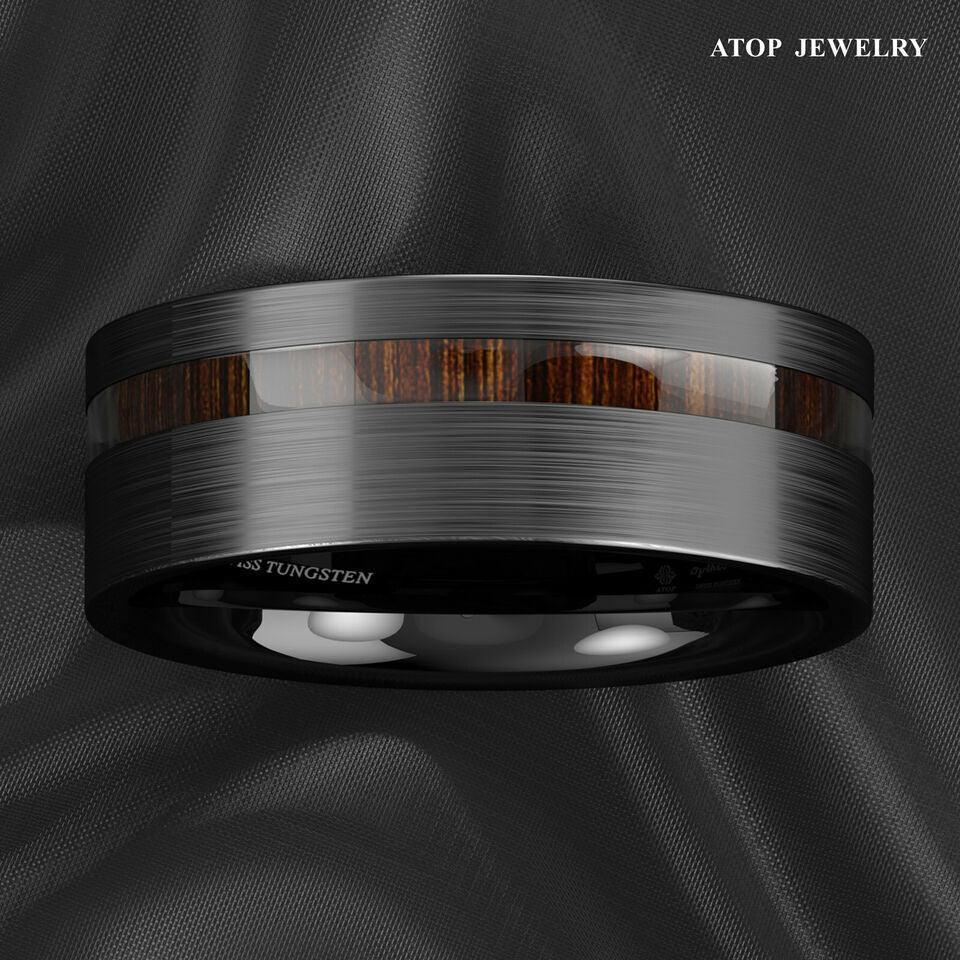Men's Tungsten Carbide Wedding Band - Black Brushed Off Center Koa Wood Ring for Men and Women - Jewelry Store by Erik Rayo