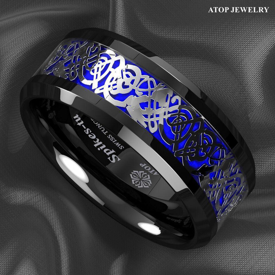 Men's Tungsten Carbide Wedding Band Rings - Blue Black Silver Celtic Dragon Design - Wedding Rings for Men and Women - Jewelry Store by Erik Rayo