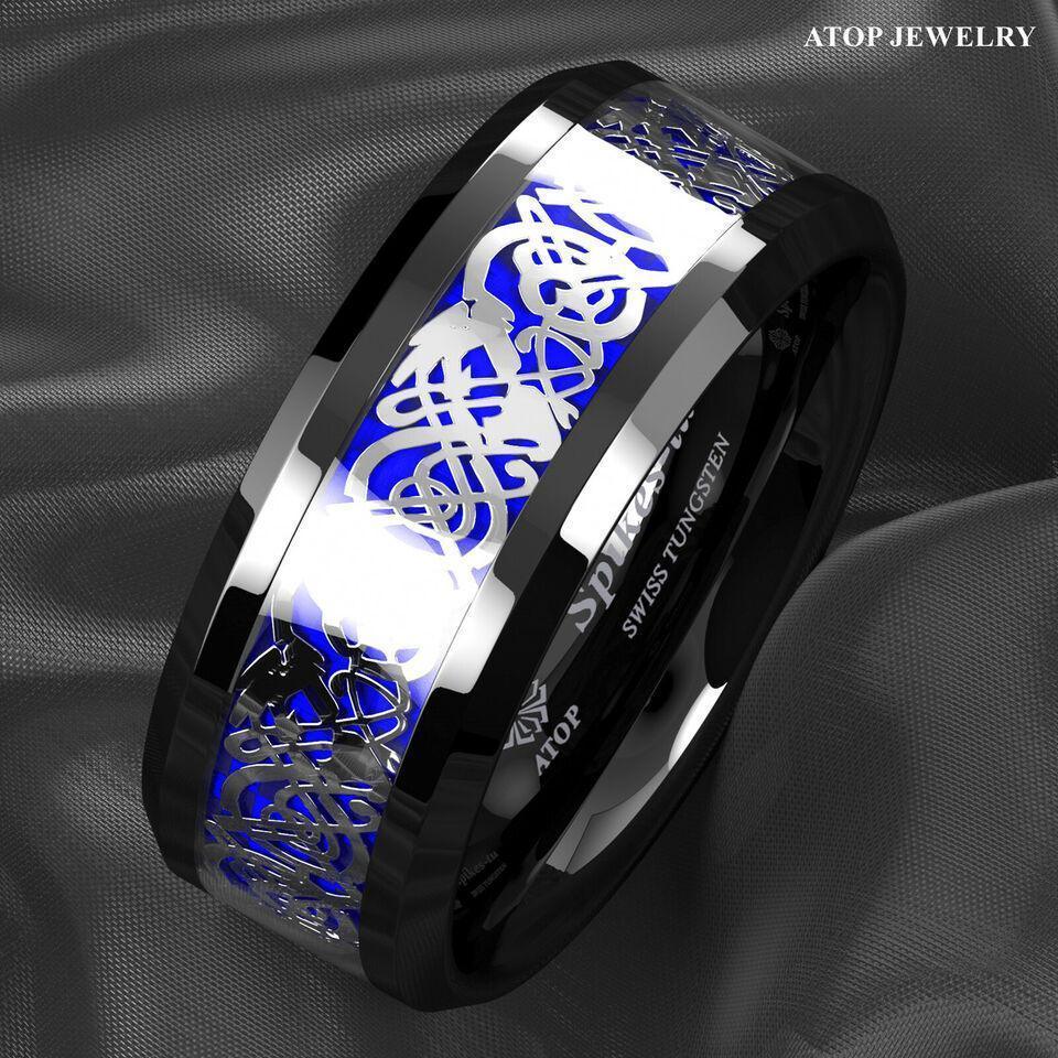 Men's Tungsten Carbide Wedding Band Rings - Blue Black Silver Celtic Dragon Design - Wedding Rings for Men and Women - Jewelry Store by Erik Rayo