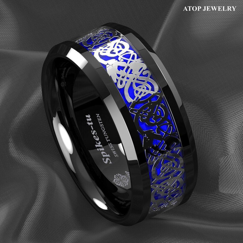 Men's Tungsten Carbide Wedding Band Rings - Blue Black Silver Celtic Dragon Design - Wedding Rings for Men and Women - Jewelry Store by Erik Rayo