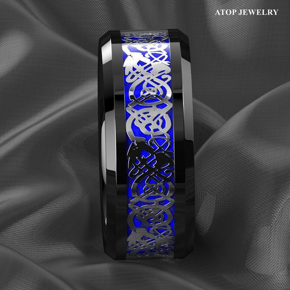 Men's Tungsten Carbide Wedding Band Rings - Blue Black Silver Celtic Dragon Design - Wedding Rings for Men and Women - Jewelry Store by Erik Rayo