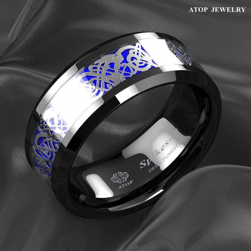 Men's Tungsten Carbide Wedding Band Rings - Blue Black Silver Celtic Dragon Design - Wedding Rings for Men and Women - Jewelry Store by Erik Rayo