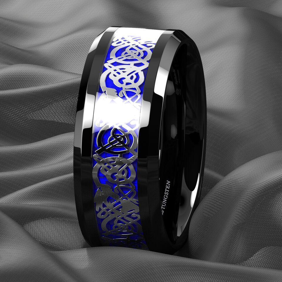 Men's Tungsten Carbide Wedding Band Rings - Blue Black Silver Celtic Dragon Design - Wedding Rings for Men and Women - Jewelry Store by Erik Rayo