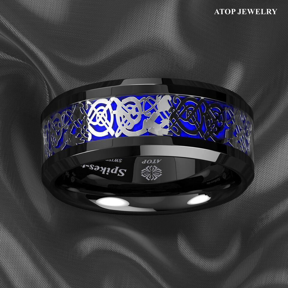 Men's Tungsten Carbide Wedding Band Rings - Blue Black Silver Celtic Dragon Design - Wedding Rings for Men and Women - Jewelry Store by Erik Rayo