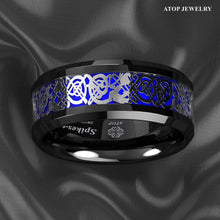 Load image into Gallery viewer, Men&#39;s Wedding Band Rings - Blue Black Silver Celtic Dragon Design - Wedding Rings for Men and Women
