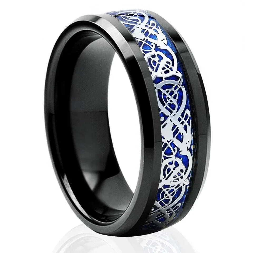Men's Tungsten Carbide Wedding Band Rings - Blue Black Silver Celtic Dragon Design - Wedding Rings for Men and Women - Jewelry Store by Erik Rayo