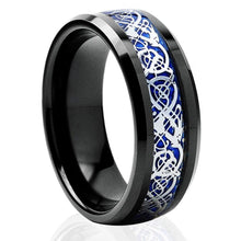 Load image into Gallery viewer, Men&#39;s Wedding Band Rings - Blue Black Silver Celtic Dragon Design - Wedding Rings for Men and Women
