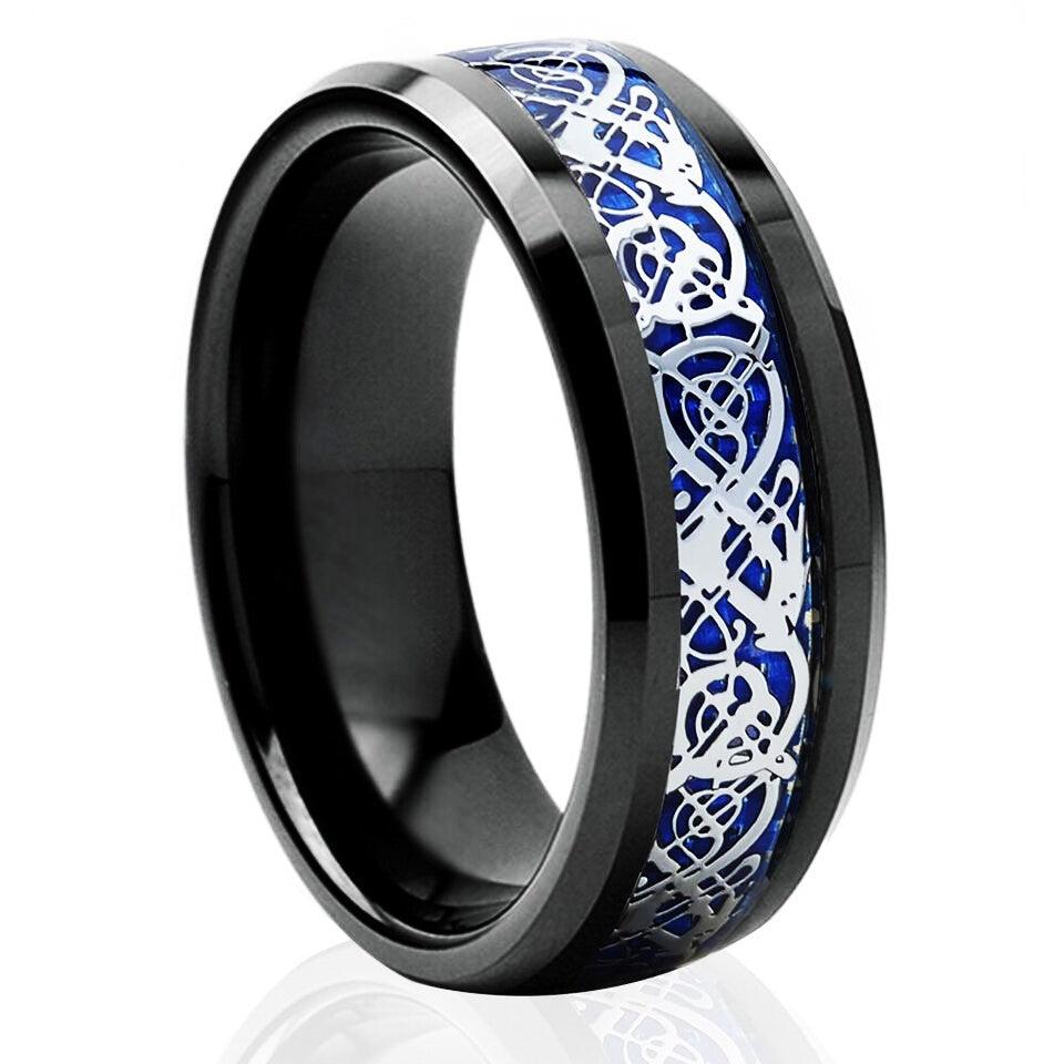 Men's Wedding Band Rings - Blue Black Silver Celtic Dragon Design - Wedding Rings for Men and Women