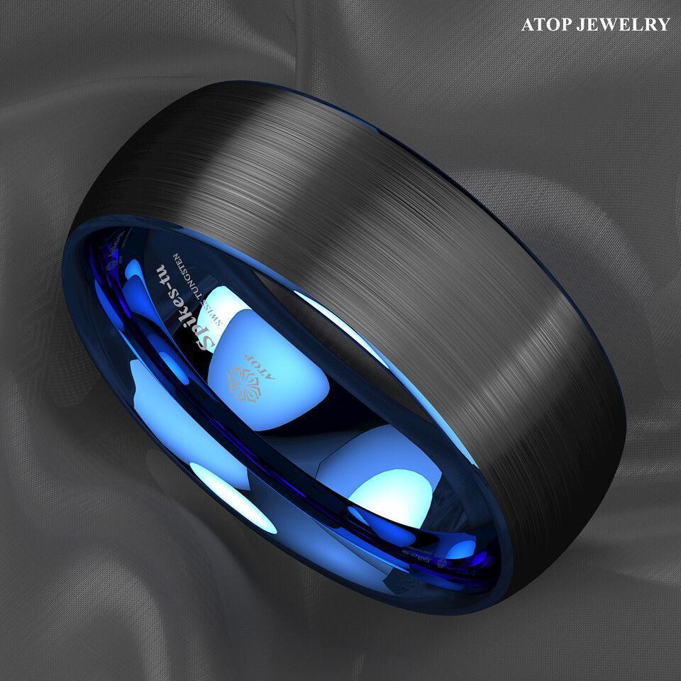 Men's Tungsten Carbide Wedding Band Rings - Dome Brushed Blue Black - Wedding Rings for Men and Women - Jewelry Store by Erik Rayo