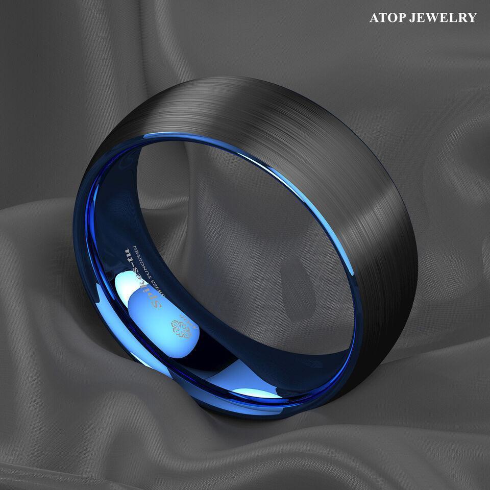 Men's Tungsten Carbide Wedding Band Rings - Dome Brushed Blue Black - Wedding Rings for Men and Women - Jewelry Store by Erik Rayo