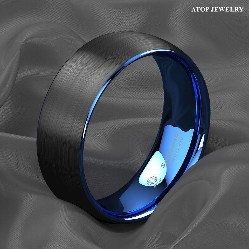 Men's Tungsten Carbide Wedding Band Rings - Dome Brushed Blue Black - Wedding Rings for Men and Women - Jewelry Store by Erik Rayo