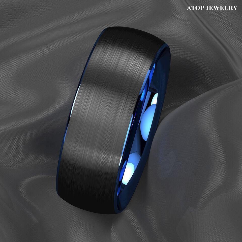 Men's Tungsten Carbide Wedding Band Rings - Dome Brushed Blue Black - Wedding Rings for Men and Women - Jewelry Store by Erik Rayo