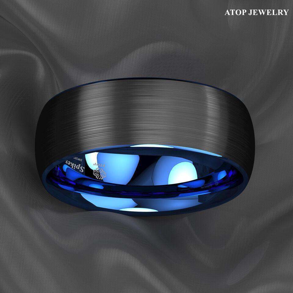 Men's Tungsten Carbide Wedding Band Rings - Dome Brushed Blue Black - Wedding Rings for Men and Women - Jewelry Store by Erik Rayo
