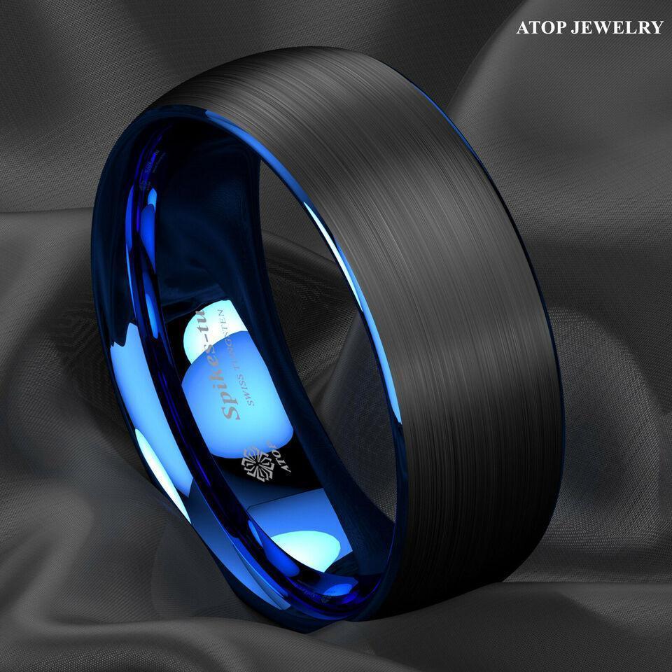 Men's Tungsten Carbide Wedding Band Rings - Dome Brushed Blue Black - Wedding Rings for Men and Women - Jewelry Store by Erik Rayo