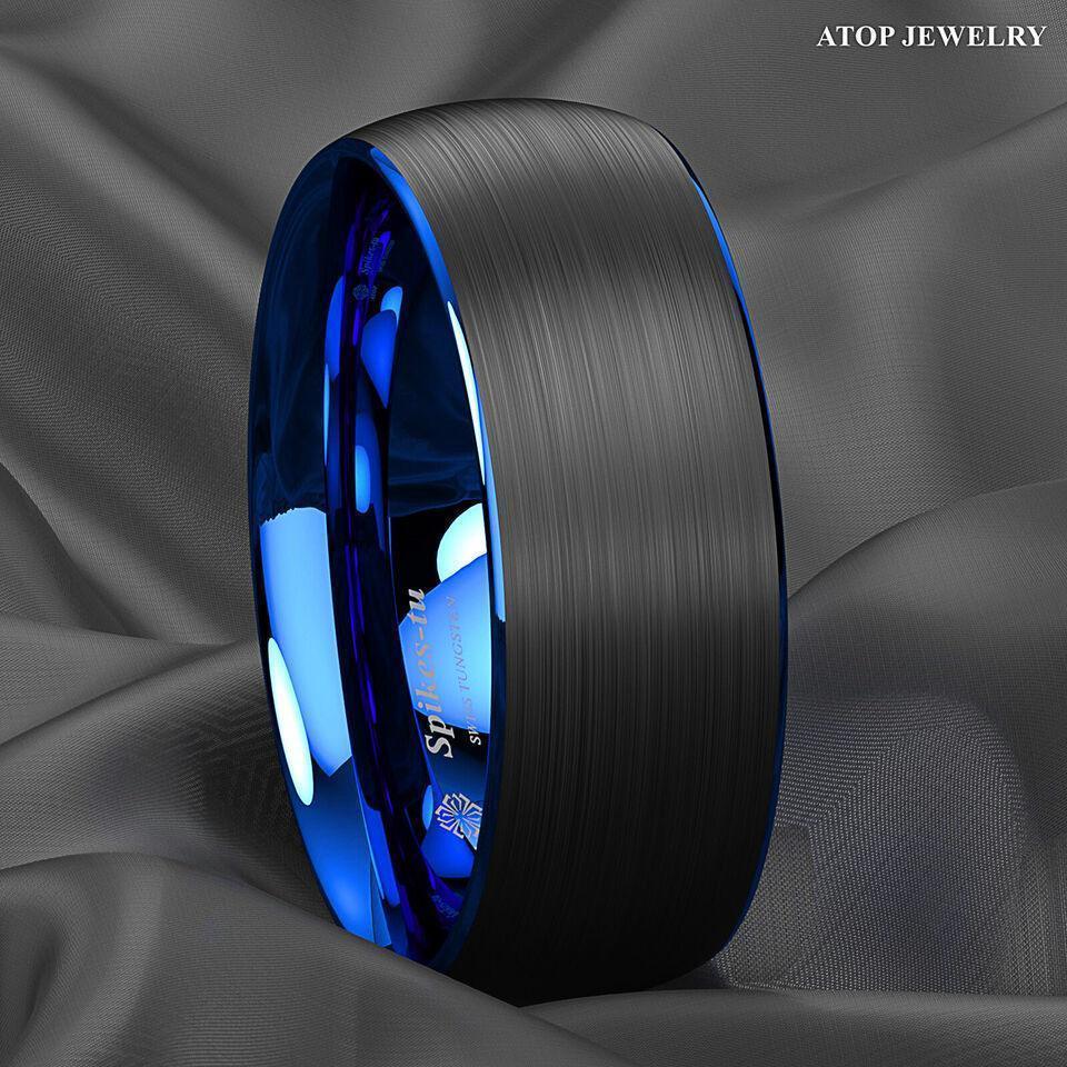 Men's Tungsten Carbide Wedding Band Rings - Dome Brushed Blue Black - Wedding Rings for Men and Women - Jewelry Store by Erik Rayo