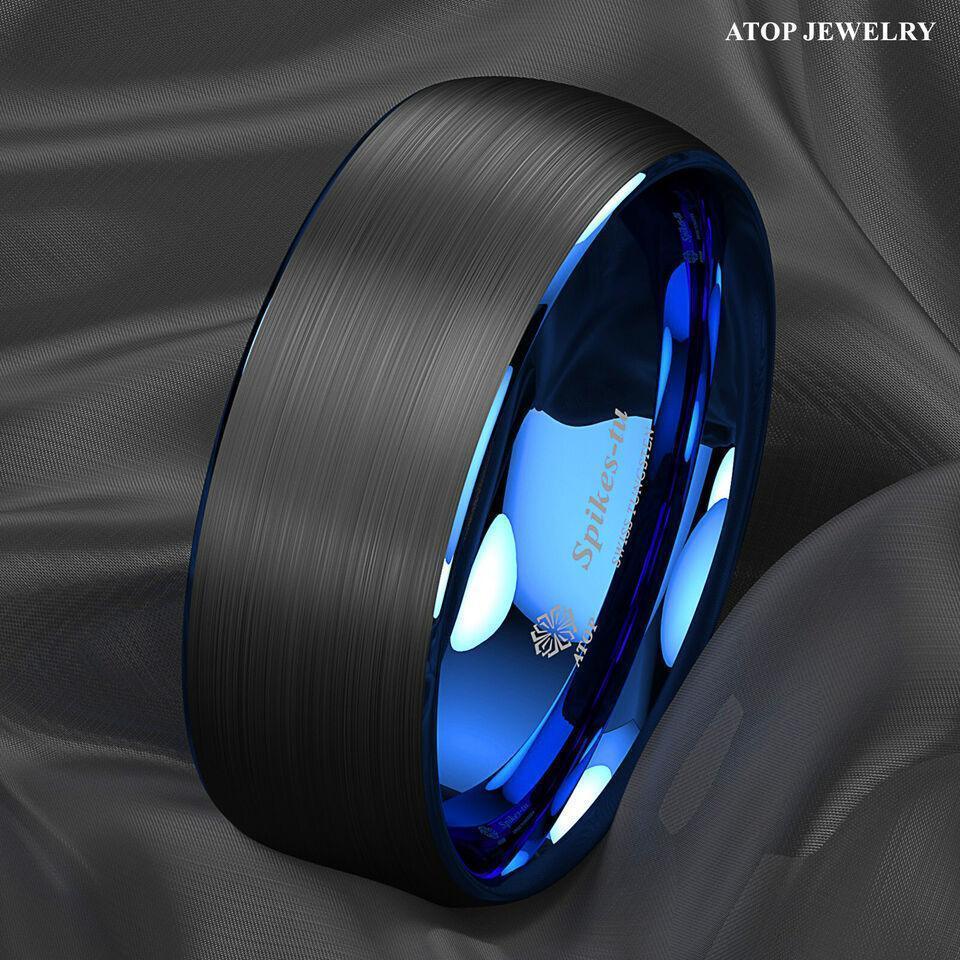 Men's Tungsten Carbide Wedding Band Rings - Dome Brushed Blue Black - Wedding Rings for Men and Women - Jewelry Store by Erik Rayo
