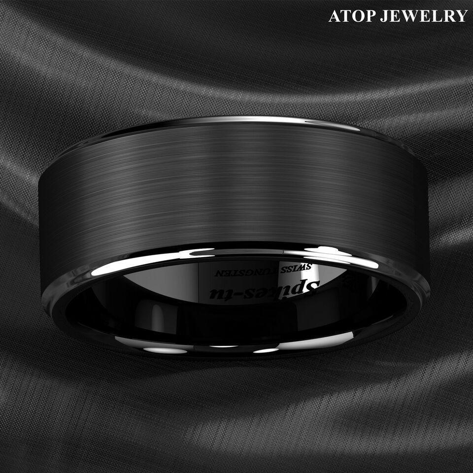 Men's Tungsten Carbide Wedding Band - Black Brushed Silver Stripe Ring for Men - Wedding Rings for Women and Men - Jewelry Store by Erik Rayo