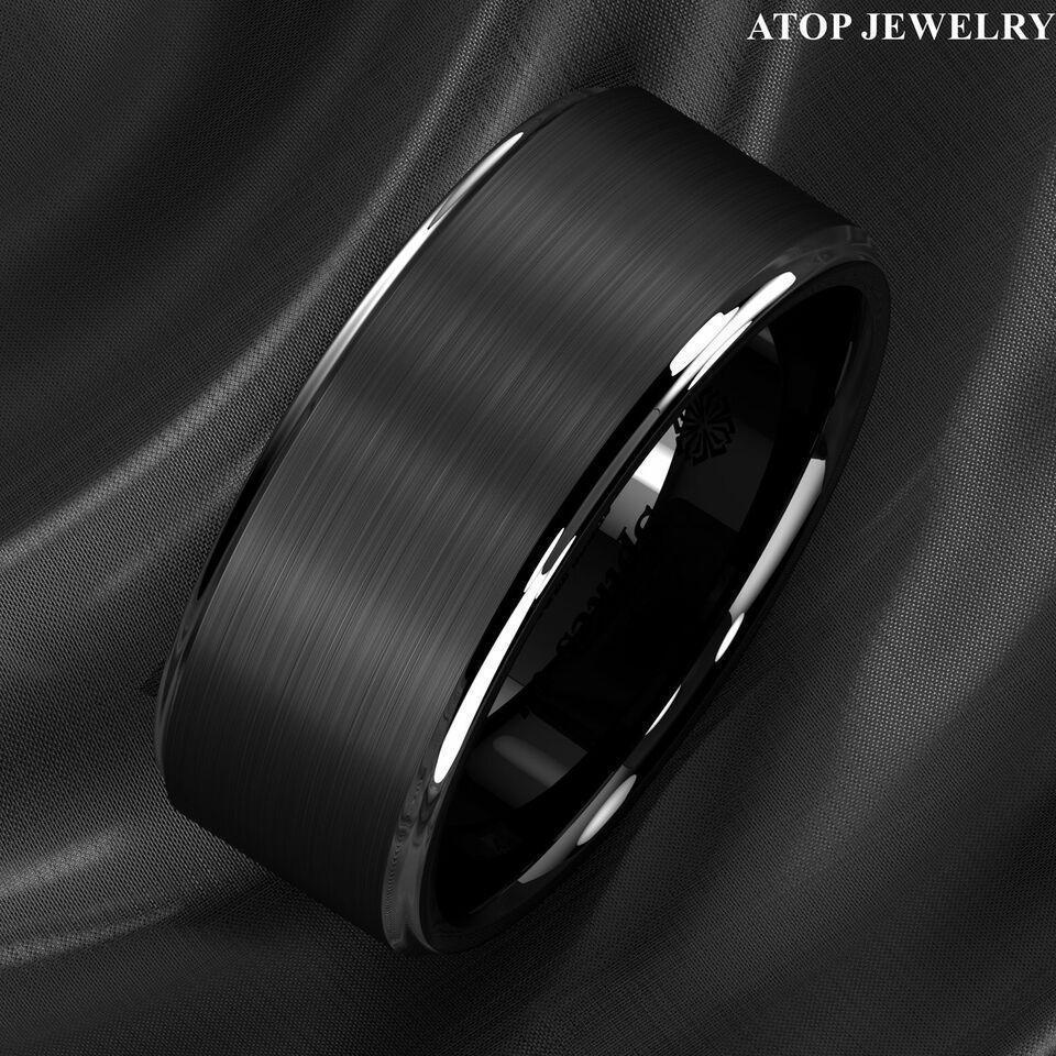 Men's Tungsten Carbide Wedding Band - Black Brushed Silver Stripe Ring for Men - Wedding Rings for Women and Men - Jewelry Store by Erik Rayo