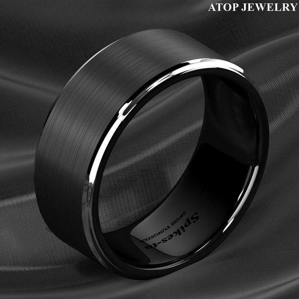 Men's Tungsten Carbide Wedding Band - Black Brushed Silver Stripe Ring for Men - Wedding Rings for Women and Men - Jewelry Store by Erik Rayo
