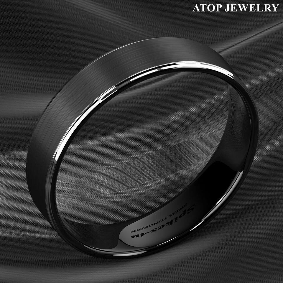 Men's Tungsten Carbide Wedding Band 6mm Black Brushed Silver Edge Stripe - Rings for Men and Women - Jewelry Store by Erik Rayo