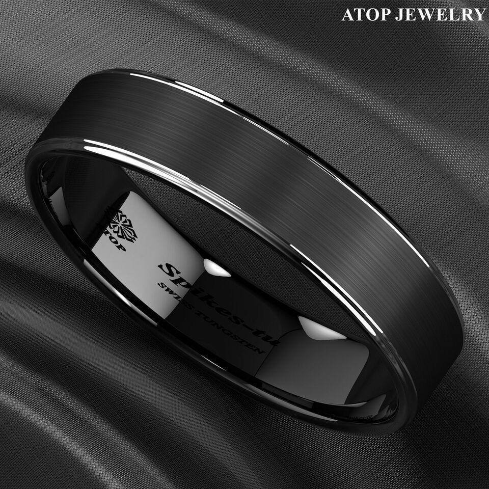 Men's Tungsten Carbide Wedding Band 6mm Black Brushed Silver Edge Stripe - Rings for Men and Women - Jewelry Store by Erik Rayo