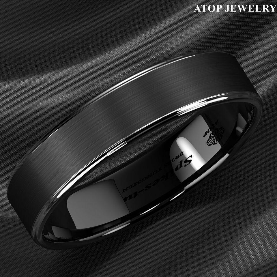 Men's Tungsten Carbide Wedding Band 6mm Black Brushed Silver Edge Stripe - Rings for Men and Women - Jewelry Store by Erik Rayo