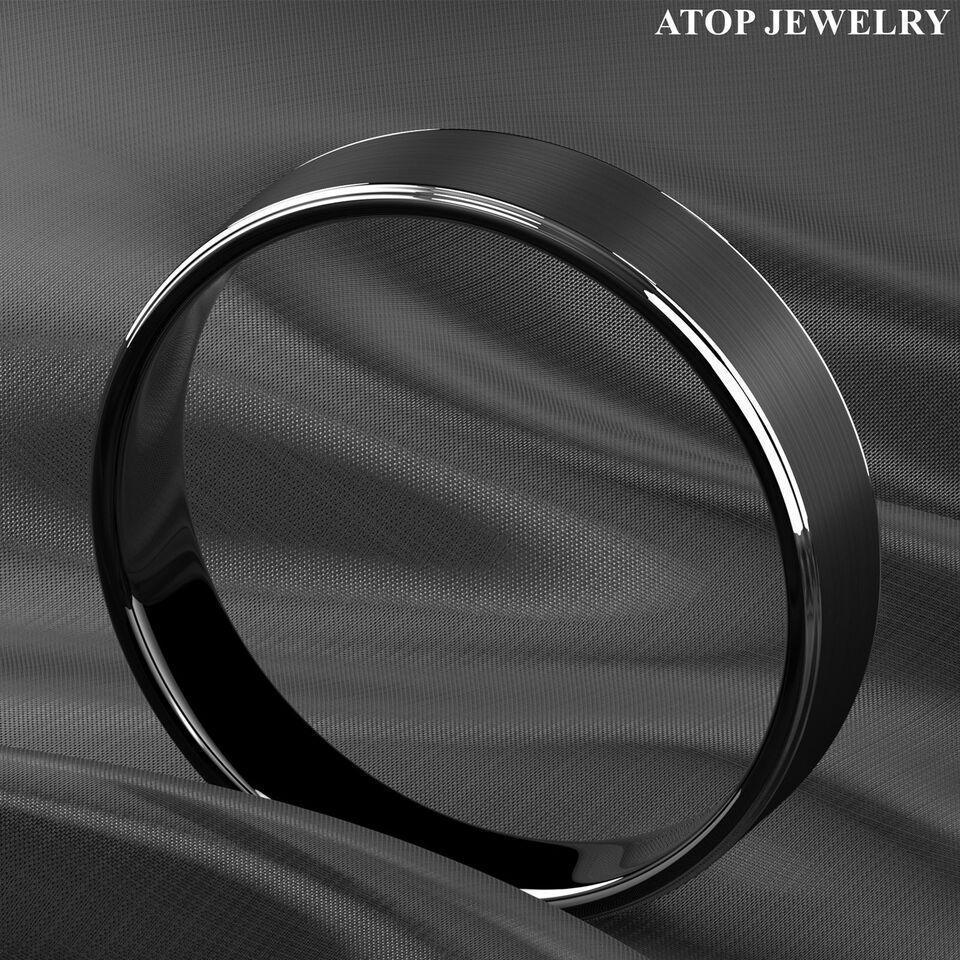 Men's Tungsten Carbide Wedding Band 6mm Black Brushed Silver Edge Stripe - Rings for Men and Women - Jewelry Store by Erik Rayo