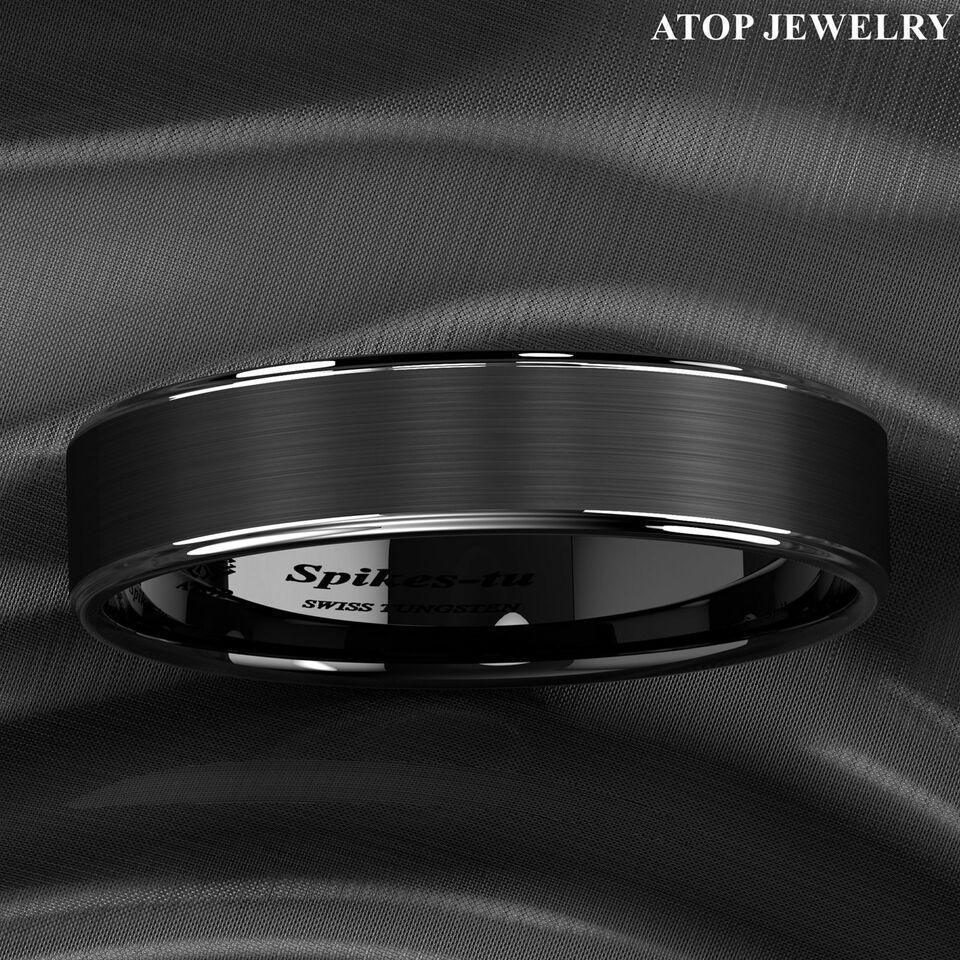 Men's Tungsten Carbide Wedding Band 6mm Black Brushed Silver Edge Stripe - Rings for Men and Women - Jewelry Store by Erik Rayo