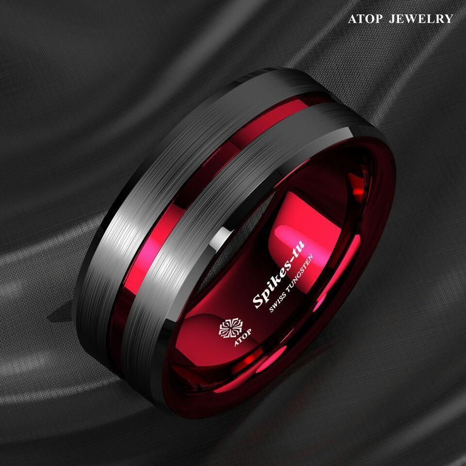 Men's Tungsten Carbide Wedding Band - Black and Red Line Ring for Men - Wedding Rings for Women and Men - Jewelry Store by Erik Rayo