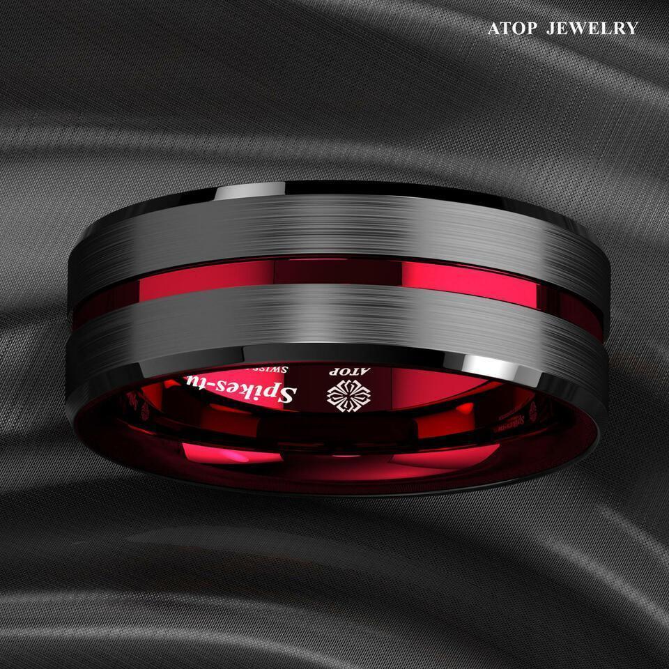 Men's Tungsten Carbide Wedding Band - Black and Red Line Ring for Men - Wedding Rings for Women and Men - Jewelry Store by Erik Rayo