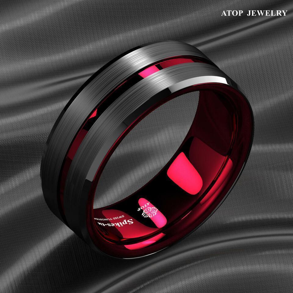 Men's Tungsten Carbide Wedding Band - Black and Red Line Ring for Men - Wedding Rings for Women and Men - Jewelry Store by Erik Rayo