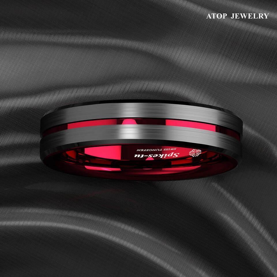 6mm Black Red Line Tungsten Carbide Men's Wedding Band Ring - Perfect for Men and Women - Jewelry Store by Erik Rayo