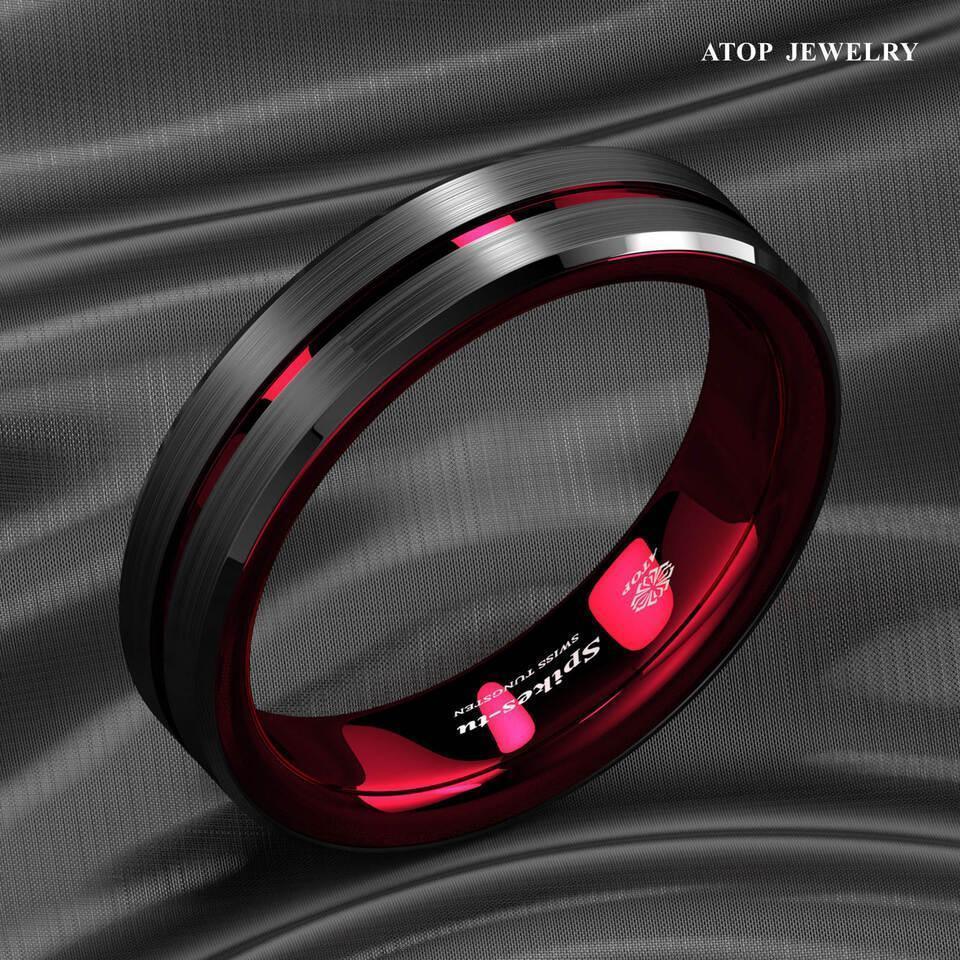 6mm Black Red Line Tungsten Carbide Men's Wedding Band Ring - Perfect for Men and Women - Jewelry Store by Erik Rayo