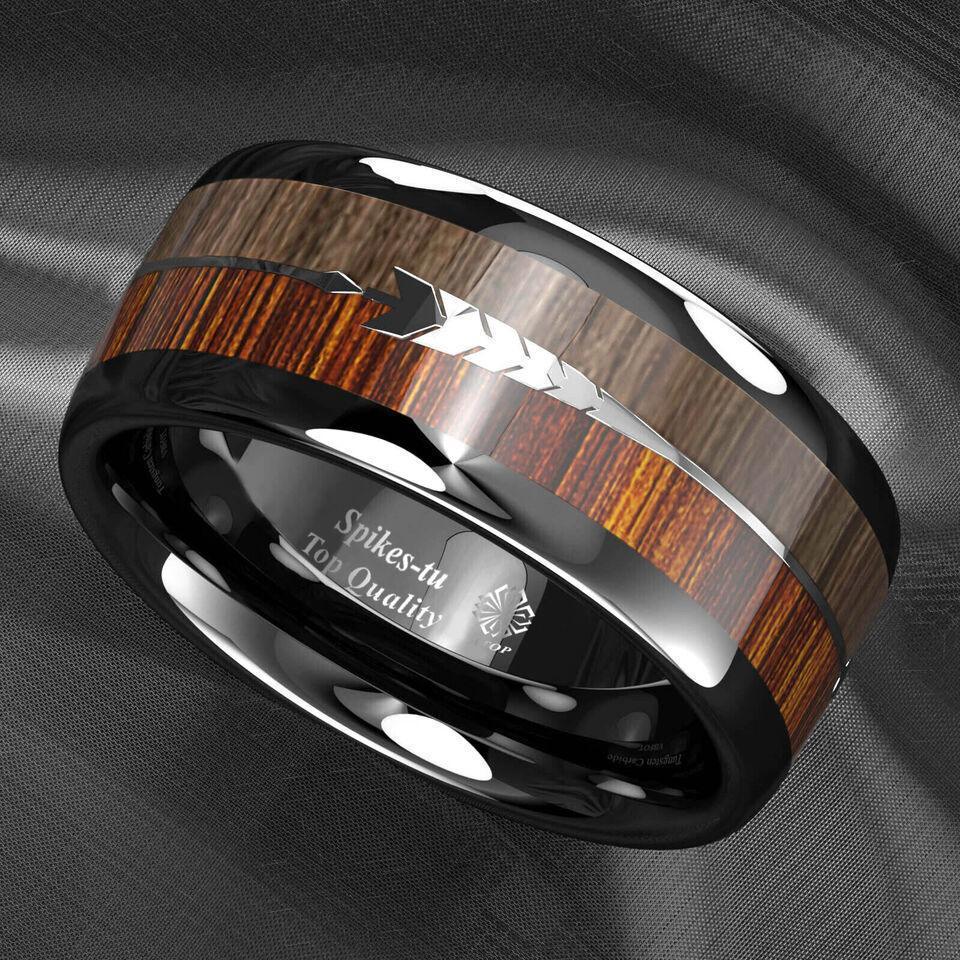 Mens Tungsten Carbide Wedding Band Rings for Men Black Wood Arrow Wedding Rings for Women - Jewelry Store by Erik Rayo