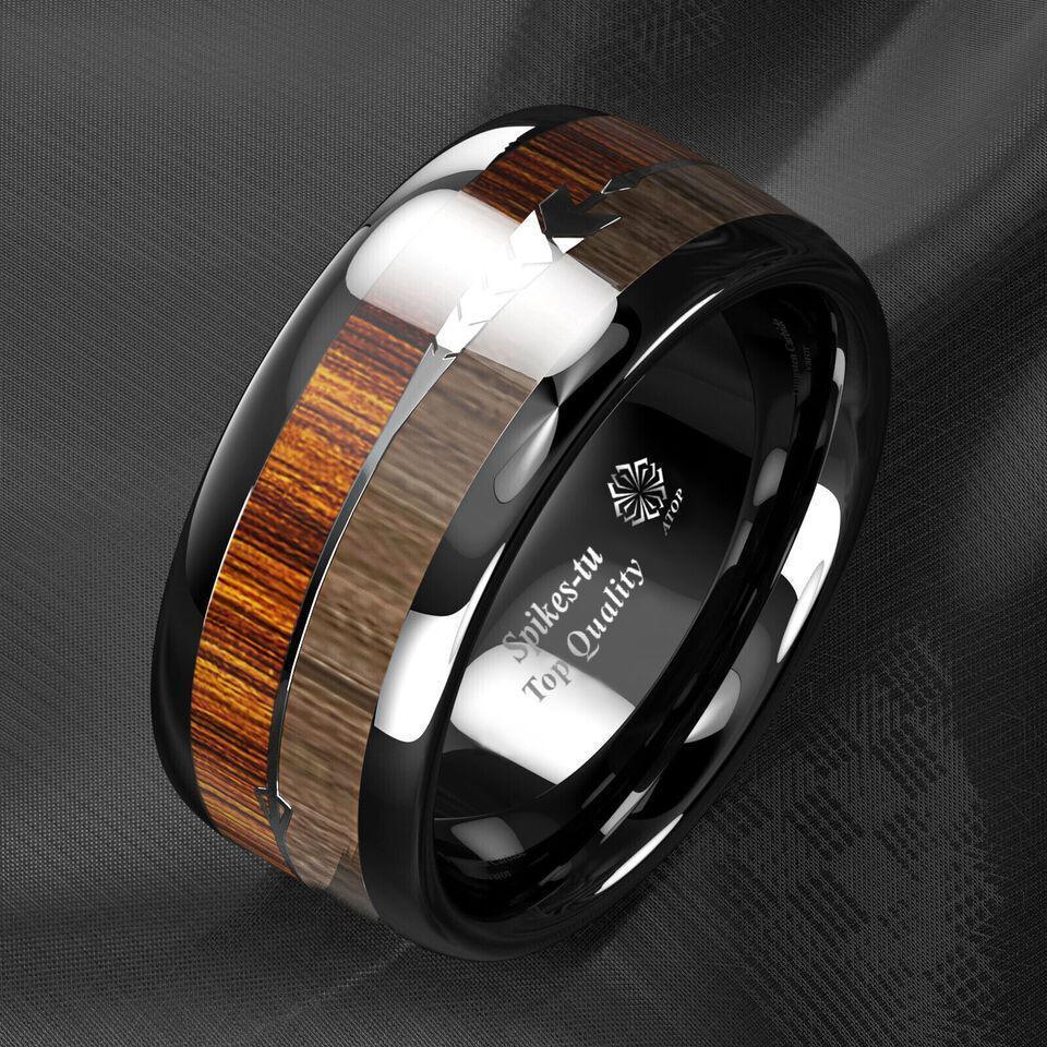 Mens Tungsten Carbide Wedding Band Rings for Men Black Wood Arrow Wedding Rings for Women - Jewelry Store by Erik Rayo