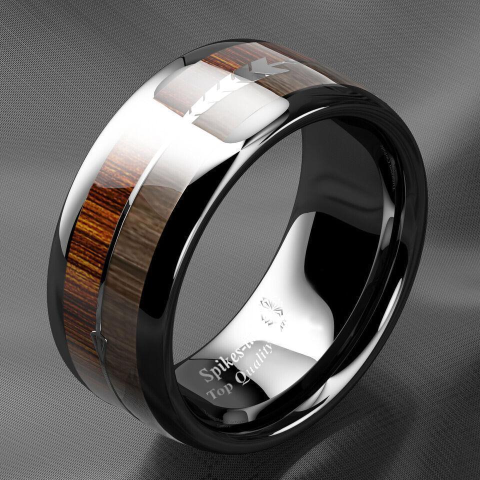 Mens Tungsten Carbide Wedding Band Rings for Men Black Wood Arrow Wedding Rings for Women - Jewelry Store by Erik Rayo