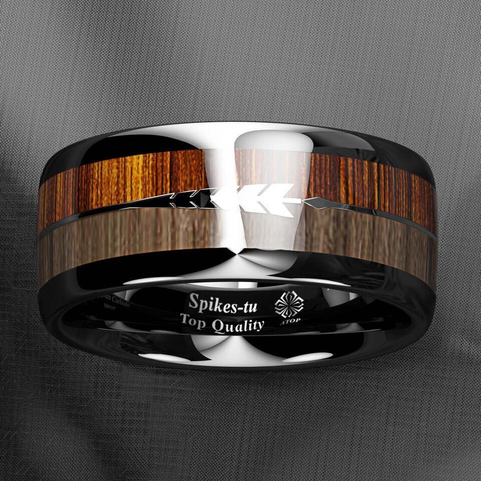 Mens Tungsten Carbide Wedding Band Rings for Men Black Wood Arrow Wedding Rings for Women - Jewelry Store by Erik Rayo